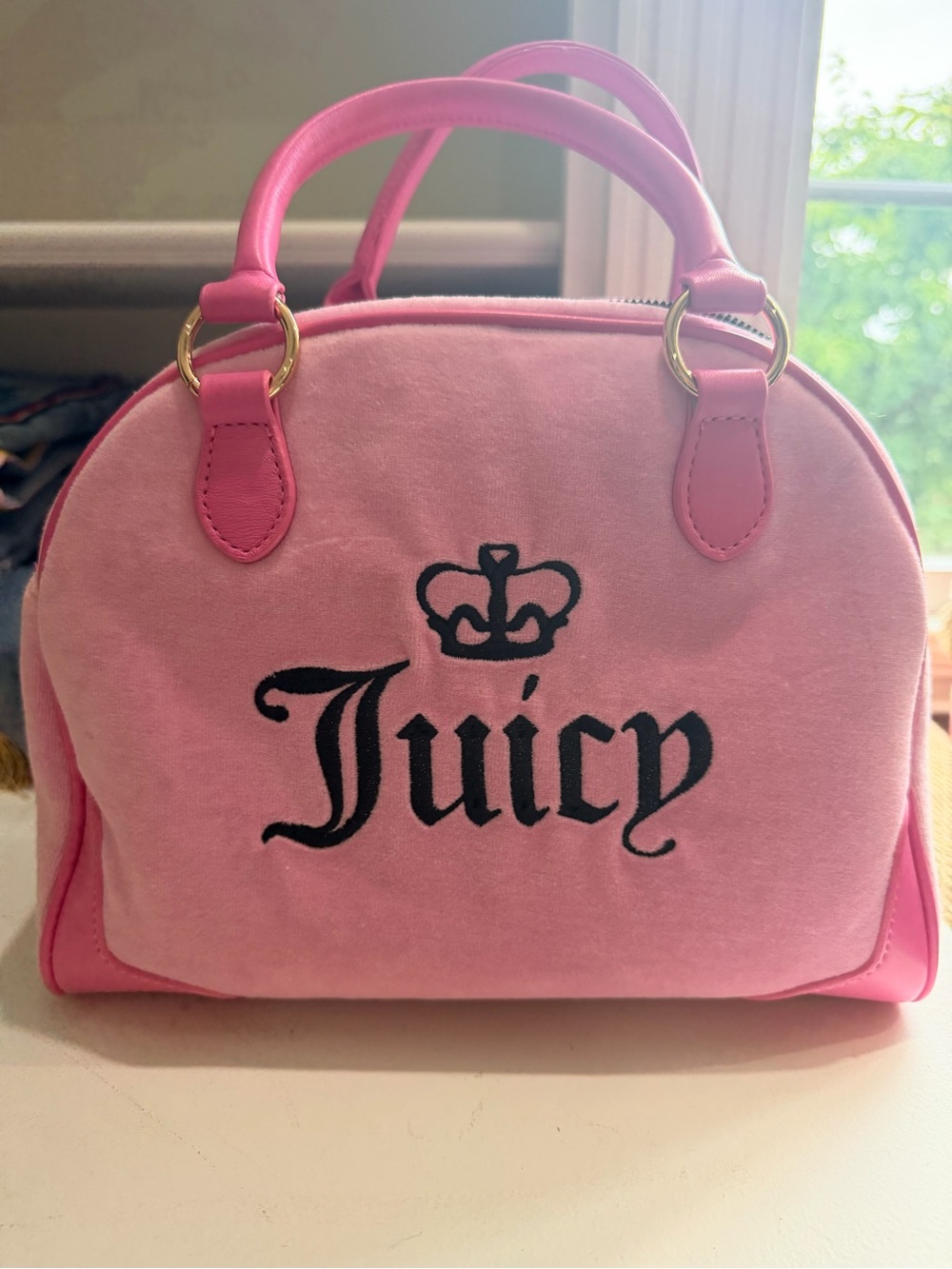 Juicy Couture Pink Velvet Mini Dome Satchel with Black Logo
